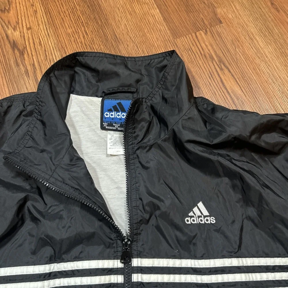 VTG 90s Adidas Windbreaker Jacket Black Full Zip 3 Stripe Chest Piping Size XL